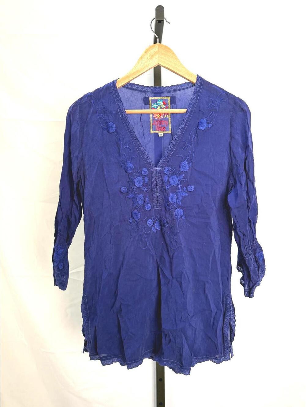 Johnny Was Women's Embroidered Blue Tunic Top XS